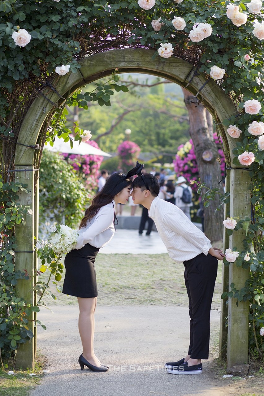 ▲ 28일 서울대공원 장미원 테마가든에서 한 커플이 사랑을 확인하는 축제에 참여하고 있다. ⓒ 오건호 전문위원