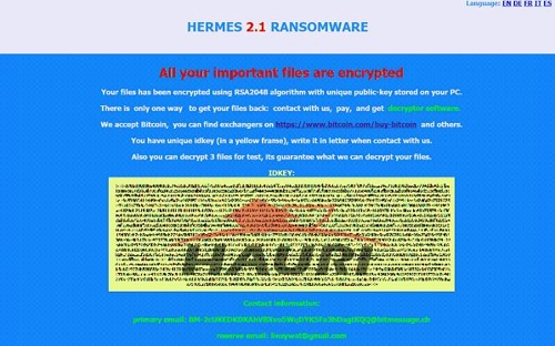 ▲ 헤르메스 랜섬웨어 감염 시 나타나는 해커의 메시지 ⓒ 하우리