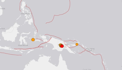 ▲ 26일부터 잇따라 강진이 일어난 파푸아뉴기니 지진 발생 지점 ⓒ 미국지질조사국
