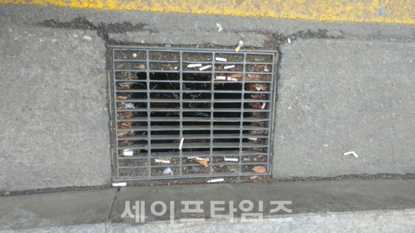 ▲ 경기도 성남시 분당 호스트웨이 건물 앞 배수구에 담배꽁초가 버려져 있다. ⓒ 이봉우 기자