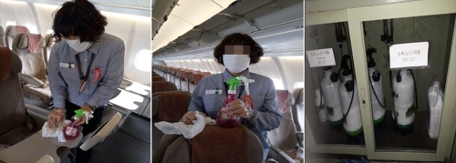 ▲ 일회용 비닐장갑과 일반 마스크 착용한  아시아나 기내 청소 근로자. ⓒ 전국공공운수노조