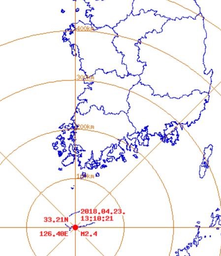 ▲ 23일 제주 서귀포시 서남서쪽 해역에서 지진이 발생했다. ⓒ 기상청