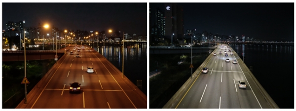 ▲ 강변북로(서강대교~마포대교) 구리방향 LED 교체 전과 후 ⓒ 서울시