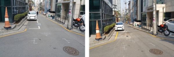 ▲ 도로모퉁이 정비 전(왼쪽)과 후. ⓒ 서울시