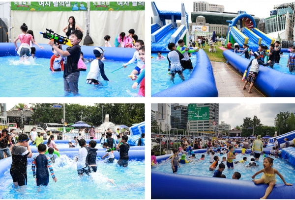 ▲ 서울광장에서 열린 '빗물 놀이터'에서 어린이들이 물놀이를 즐기고 있다. ⓒ 서울시
