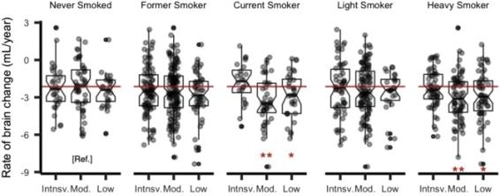 ▲ 흡연량, 흡연상태, 신체활동의 상호작용에 따른 연간 뇌 수축 비율. ⓒ 논문 발췌