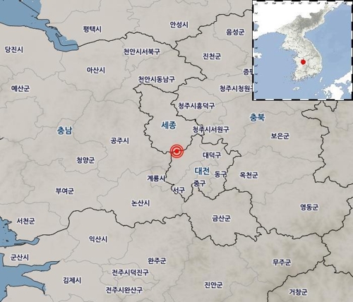 ▲ 19일 오전 3시 34분쯤 대전 유성구 북서쪽에서 규모 2.1의 지진이 발생했다. ⓒ 기상청