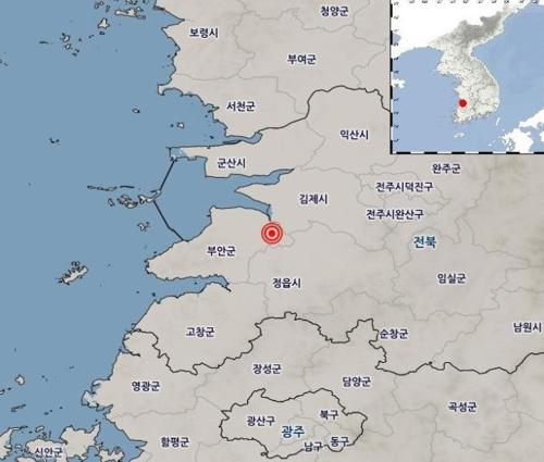 ▲ 12일 오전 3시 43분쯤 전북 부안서 규모 2.3 지진이 발생했다. ⓒ 기상청