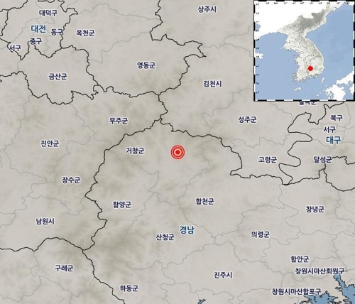 ▲ 21일 오후 4시 6분쯤 경남 거창군에서 규모 2.7의 지진이 발생한 위치. ⓒ 기상청