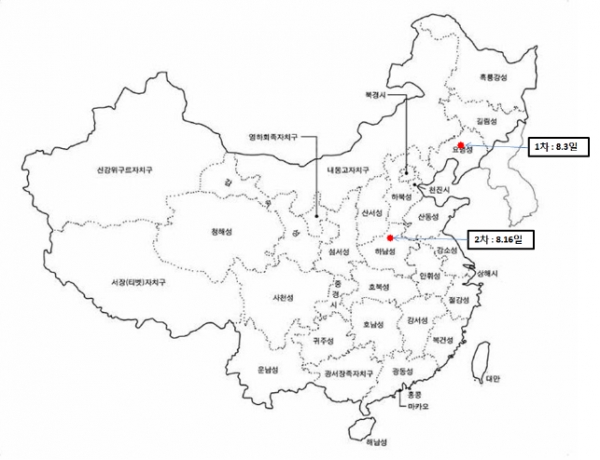 ▲ 중국 아프리카돼지 열병 발생 지도. ⓒ 농림축산식품부