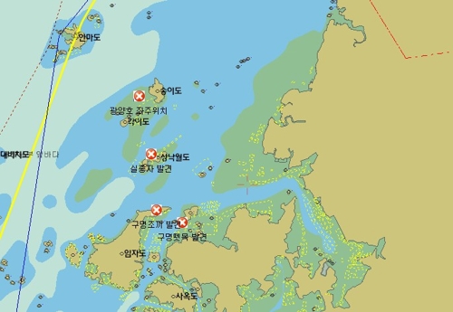 ▲ 예인선 G호 침몰 위치와 사망자·구명뗏목 발견 장소 ⓒ 목포해양경찰서