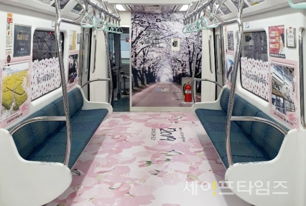 ▲ 서부산권 3호선 홍보 테마열차가 벚꽃과 유채꽃으로 꾸며져 있다. ⓒ 부산교통공사