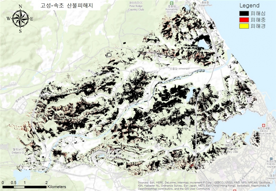 ▲ 아리랑 3호 위성 영상으로 본 강원지역 산불 피해 규모. ⓒ 산림청