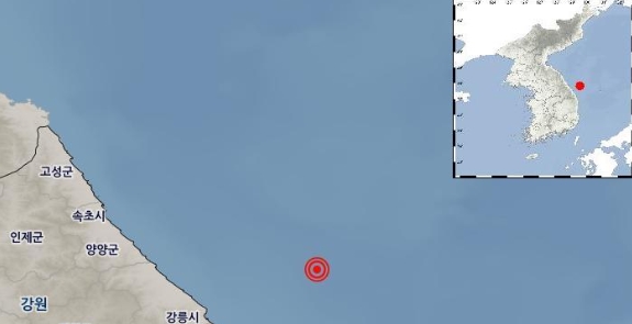 ▲ 19일 오전 11시 16분쯤 강원도 동해 해역에서 발생한 규모 4.3 지진의 위치도. ⓒ 기상청