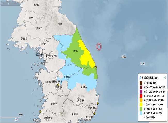 ▲ 강원도 동해시 해역에서 19일 오전 11시 16분쯤 규모 4.3 지진이 발생한 위치도. ⓒ 행정안전부