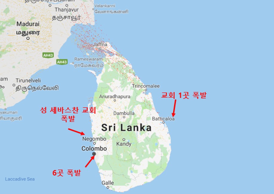 ▲ 21일(현지시간) 스리랑카에서 발생한 폭탄테러 위치도. ⓒ 구글 지도