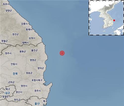 ▲ 기상청이  22일 발표한 경북 울진군 동남동쪽 38km 해역 위치도. ⓒ 기상청