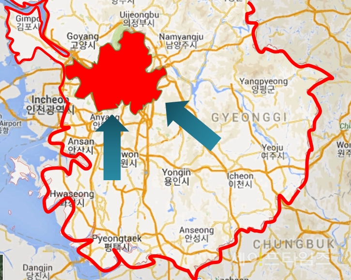 ▲ 경기도에서 서울 중심부로 갈수록 A형 간염 확진자가 늘고 있다. ⓒ 구글 지도
