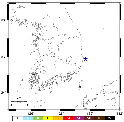 ▲ 어제 저녁 8시 50분경 지진이 발생한 포항 남구  동남동쪽 33km 지점. ⓒ 기상청
