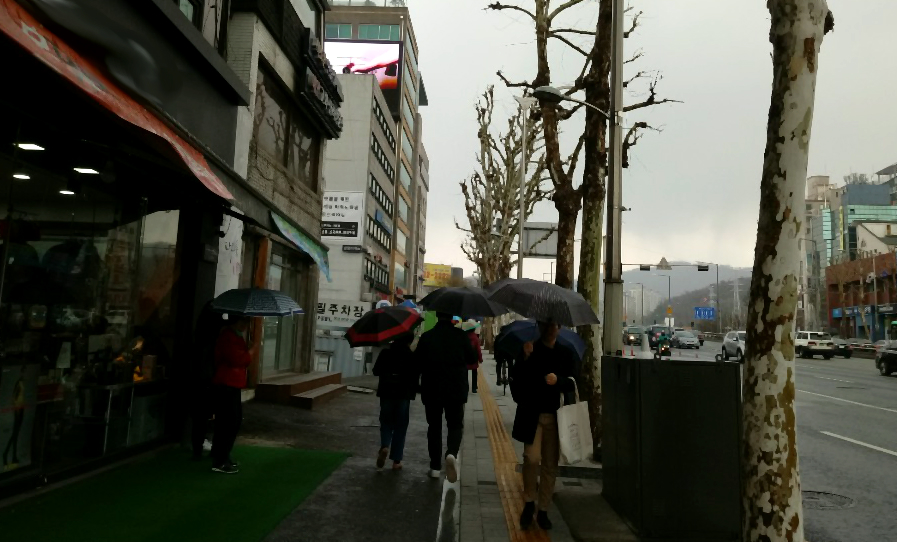 ▲ 사당동 한 거리에서 시민들이 우산을 쓰고 걸어가고 있다. ⓒ 세이프타임즈 DB