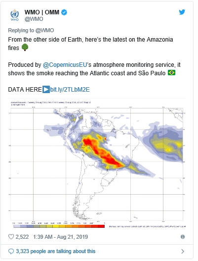 ▲ 세계기상기후가 지난 21일 SNS 계정에 올린 게시물. 아마존(빨간 지역)이 불타고 있다. ⓒ CNN