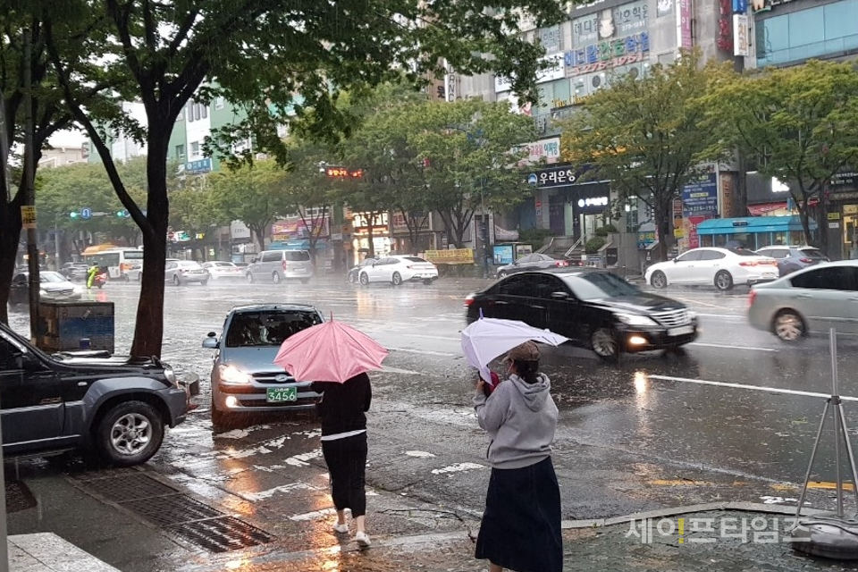 ▲ 2019년 9월 22일 오후 2시쯤 울산시 공업탑로터리 버스정류장에 아직 도착하지않은 태풍 '타파'가 한 시민의 우산을 뒤집어 위력을 과시하고 있다. ⓒ 김덕호 기자