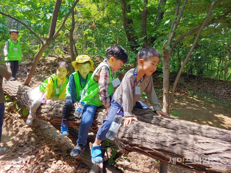 ▲ 강동구 명일공원에서 어린이들이 통나무기차 놀이를 하고 있다. ⓒ 서울시
