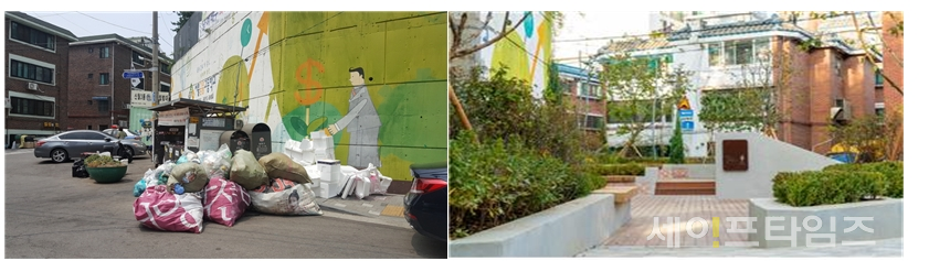 ▲ 하늘길 초록동행 프로젝트가 진행되기 전(왼쪽)과 후인 서울금융고 통학로 ⓒ 서울시