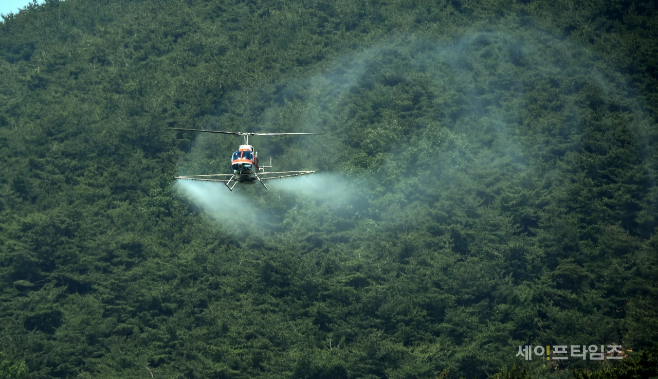 ▲ 산림청 헬기가 소나무재선충병을 차단하기 위해 방역하고 있다. ⓒ 산림청
