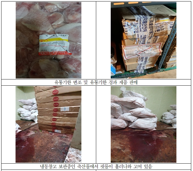 ▲ 유통기한을 변조한 닭다리 제품(위쪽)과 위생 관리가 불결한 업소 ⓒ 식약처