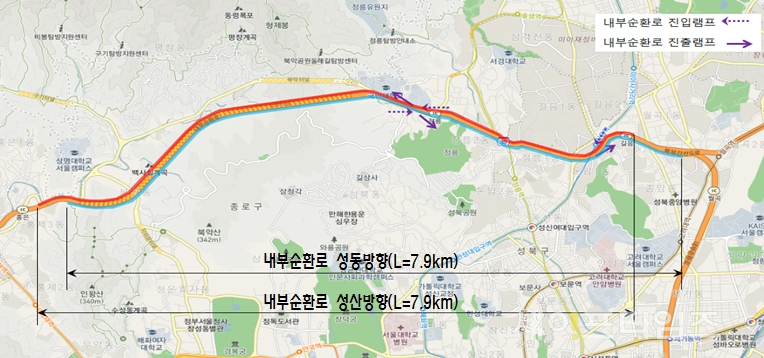 ▲ 내부순환로 구간단속 홍지문터널~길음IC 구간. ⓒ 서울시