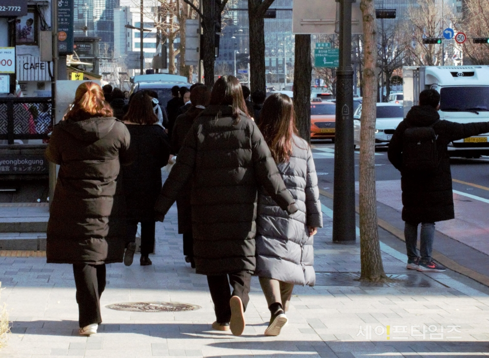 ▲ 서울 종로구 한 거리에서 시민들이 패딩을 입고 거리를 걷고 있다. ⓒ 김희리 기자