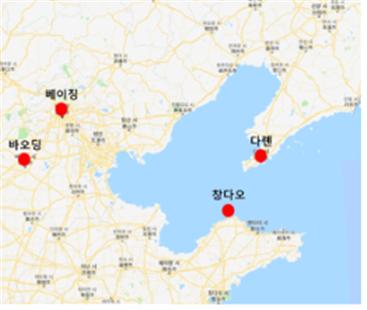 ▲ 한중 공동연구단이 초미세먼지 연구를 하고 있는 중국 주요 도시 4곳 ⓒ 환경부