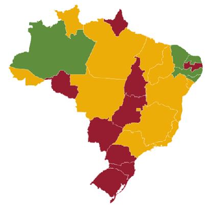 ▲ 브라질 27개 주 코로나19 피해 현황. 노란색은 진정세, 초록색은 감소세, 빨간색은 증가세를 보이는 지역. ⓒ 브라질 보건부