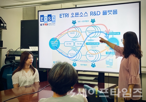 ▲ ETRI 연구원이 오픈소스화 R&D 플랫폼 체계를 설명하고 있다.  ⓒ ETRI