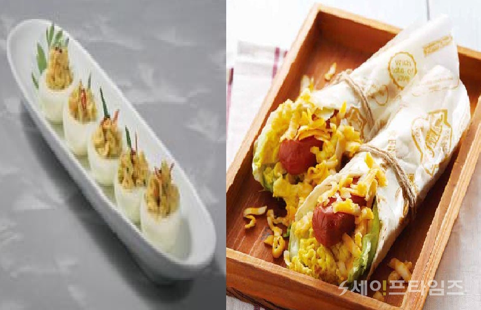▲ 생햄달걀보트(왼쪽)와 체다치즈소시지랩. ⓒ 농진청