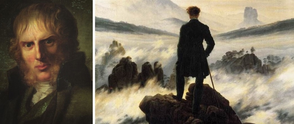 ▲ 카스파 다비드 프리드리히의 초상(왼쪽). 동료 화가 게르하르트 폰 퀴겔겐 그림, 프리드리히의 작품 '안개바다 위의 방랑자'의 일부분