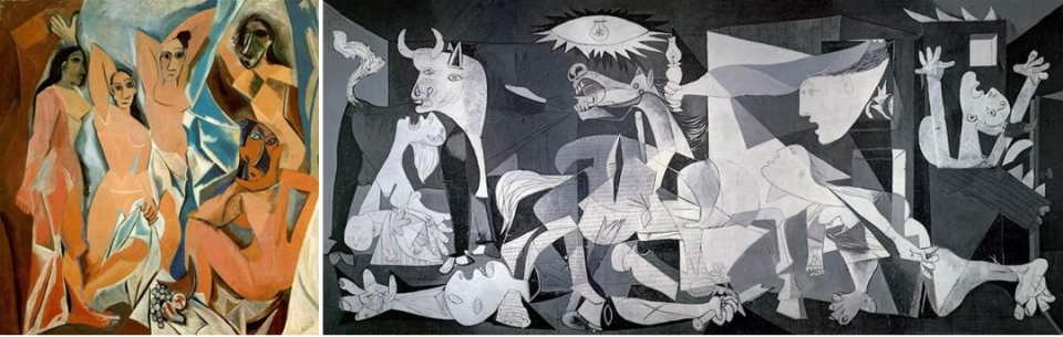 ▲ 큐비즘 미술(입체주의 미술) 시작의 신호탄이 된 피카소의 작품 '아비뇽의 처녀들' (1907·왼쪽), 스페인 내전 당시 작은 마을 '게르니카'의 주민들이 프랑코 집권에 반대한다는 이유로 프랑코가 나치와 합작해 게르니카의 주민들을 무참히 학살한 사건을 고발하는 내용의 피카소 작품 '게르니카' (1937)