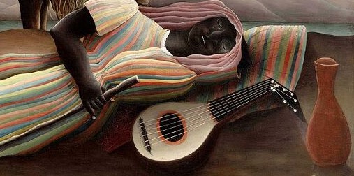 ▲ 앙리 루소의 작품 '잠자는 집시(The Sleeping Gypsy)'의 부분(집시 여인의 머리 맡에 놓여진 물병과 악기)