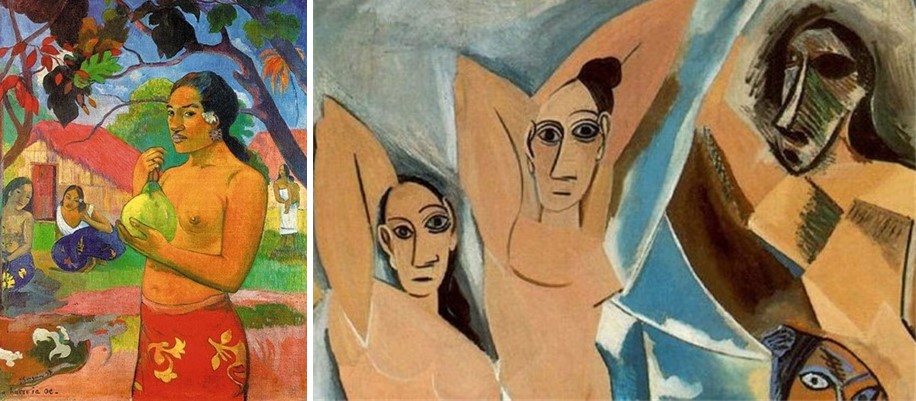 ▲ 고갱의 작품 '과일을 들고 있는 여인'(1893)(왼쪽), 피카소의 작품 '아비뇽의 처녀들'(1907)의 부분