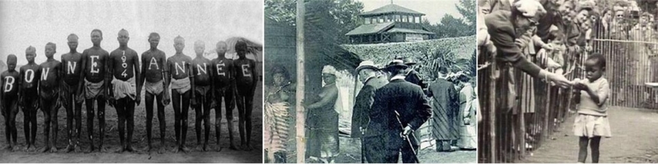 ▲ ​파리 세계만국박람회에 개장한 '인간동물원' 전시 모습을 찍은 사진(왼쪽, 가운데), 1958년 벨기에의 '인간동물원'.