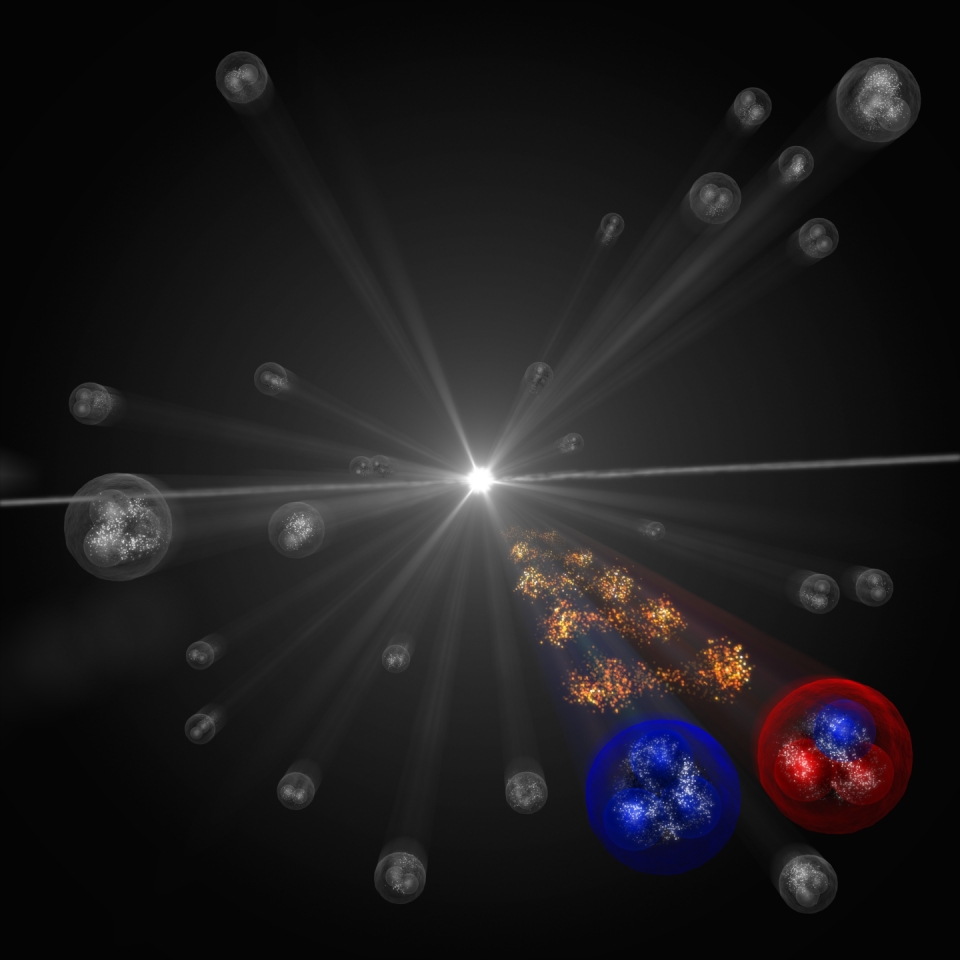 ▲  초미시세계의 오메가 하이퍼론(왼쪽)과 양성자(오른쪽)의 상호작용 상상도. ⓒ CERN ALICE