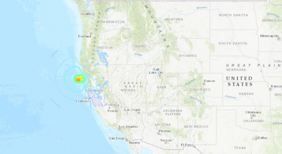 ▲ 미국 캘리포니아 북부 해안에서 발생한 규모 6.2 지진 진원지. ⓒ 미국 지질조사국