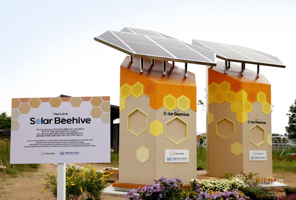 ▲ 한화그룹은 20일 UN 세계 꿀벌의 날을 맞아 태양광 전력을 활용한 탄소저감벌집인 솔라비하이브를 국내 최초로 공개했다. ⓒ 한화그룹