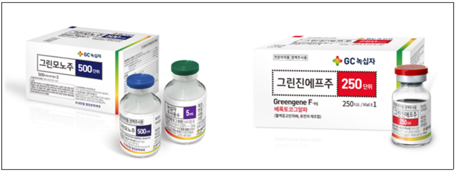 ▲ GC녹십자의 혈우병 치료제 그린모노(왼쪽)와 그린진에프. ⓒ GC녹십자