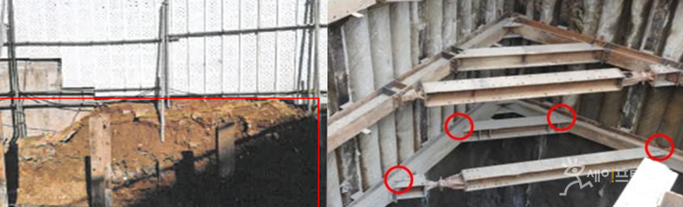 ▲ 해빙기 붕괴사고를 예방하기 위해 흙막이 수직재 보강(왼쪽)과 버팀대 보강(오른쪽)이 필요한 굴토공사장. ⓒ 서울시