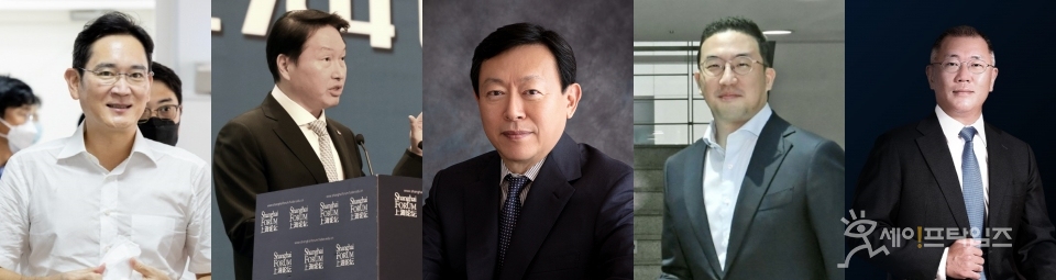 ▲ 윤석열 대통령의 미국 국빈 방미에 국내 재계 총수들이 동행한다. 왼쪽부터 이재용 삼성전자 회장, 최태원 SK 회장, 신동빈 롯데 회장, 구광모 LG 회장, 정의선 현대차 회장. ⓒ 삼성·SK·롯데·LG·현대차