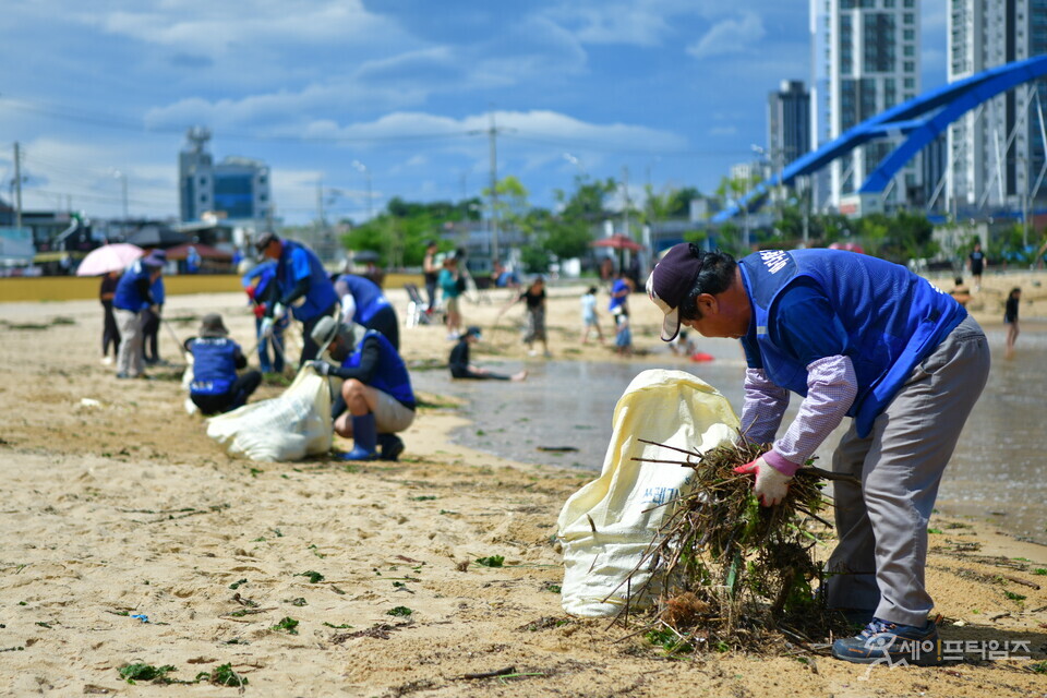 ▲ 자원봉사자가 제6호 태풍 카눈이 해안가를 휩쓸고 지나간 자리에 흩어져 있는 쓰레기들을 수거하고 있다. ⓒ 속초시