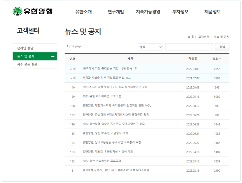 ▲ 유한양행 유크라정 불량포장 이슈에도 공식홈페이지에서 공지사항을 찾아볼 수 없다. ⓒ 유한양행
