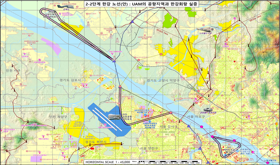 ▲ 도심항공교통(UAM) 수도권 한강 실증노선 항공지도. ⓒ 국토부